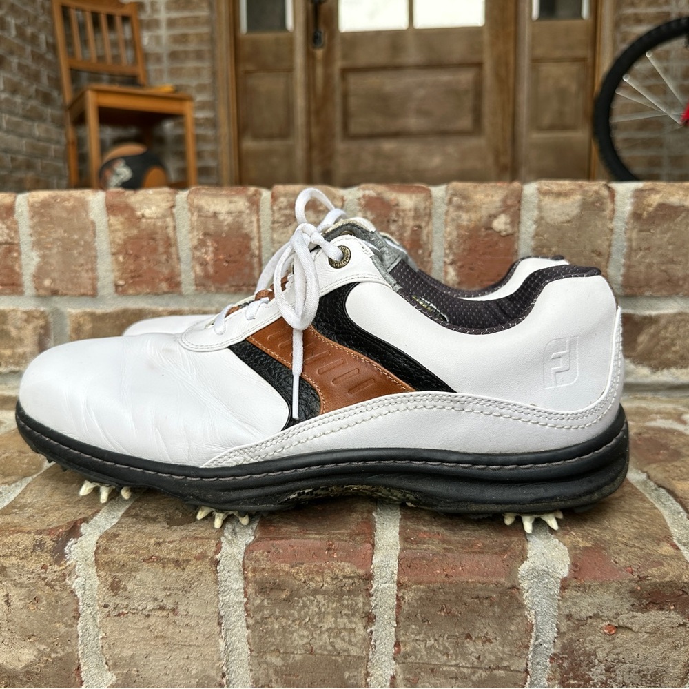 FJ FootJoy Men's Contour Leather Golf Shoes White Black Brown Size 12 Extra Wide